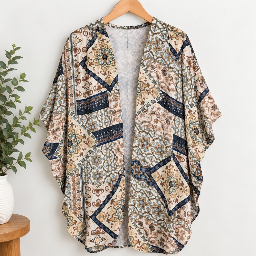 Umgee Kimono Wrap Women M/L Cream Blue Patchwork Paisley Metallic Boho Fairycore